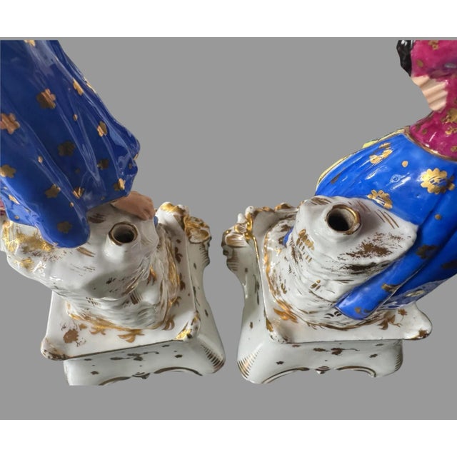 Ceramic Pair of Antique Victorian Figural Man & Woman Porcelain Statue Scupltures For Sale - Image 7 of 9