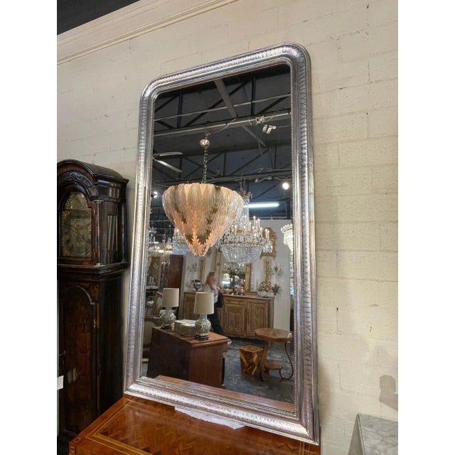 Wood Mid 20th Century Large Scale Silver Leaf Louis Philippe Mirrors With X Pattern- a Pair For Sale - Image 7 of 8