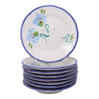 Vintage Solimene Vietri Italian Pottery Salad Plates With Blue Flowers Made for Gumps - 8 Pieces For Sale