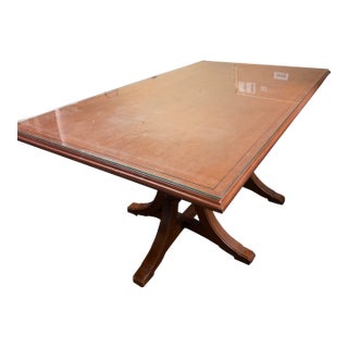 Vintage Glass Top Wooden Trestle Dining Table For Sale