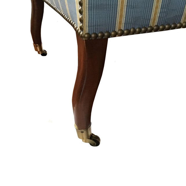 Vintage French Napoleon III Curved Back Armchair With Matching Ottoman Covered With Osborne & Little Mid Blue & Yellow Striped Silk Moiré. For Sale - Image 9 of 13