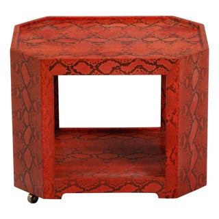 Attributed Karl Springer 1970s Midcentury Octagonal Bar Cart With Red Snakeskin Finish For Sale