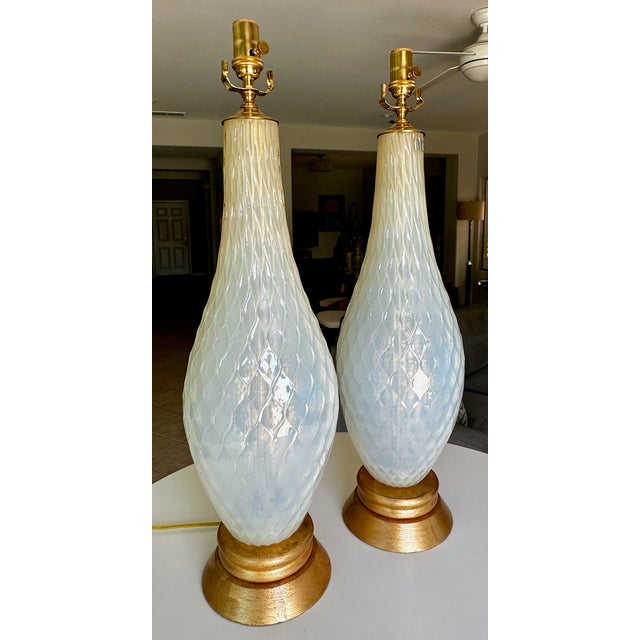 Mid-Century Modern 1950s Large Murano Opalescent Blue Gold Inclusions Table Lamps - a Pair For Sale - Image 3 of 18