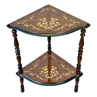 Vintage Italian Rococo Marquetry Fruitwood 2-Tier Corner Shelf For Sale