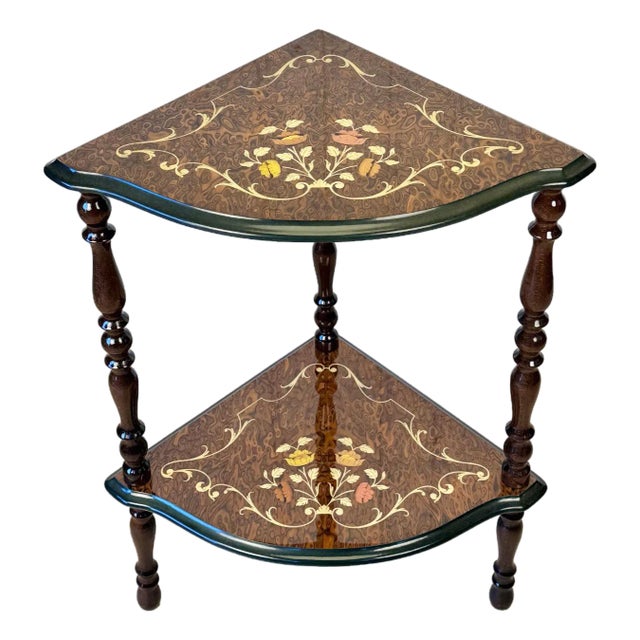 Vintage Italian Rococo Marquetry Fruitwood 2-Tier Corner Shelf For Sale