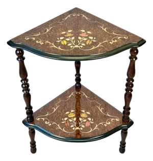 Vintage Italian Rococo Marquetry Fruitwood 2-Tier Corner Shelf