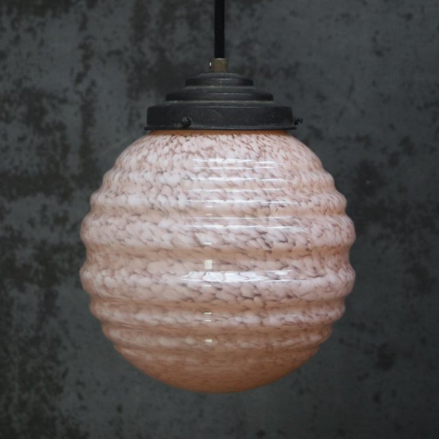 French Pink Reeded Clichy Glass Pendant Lamp For Sale - Image 6 of 9