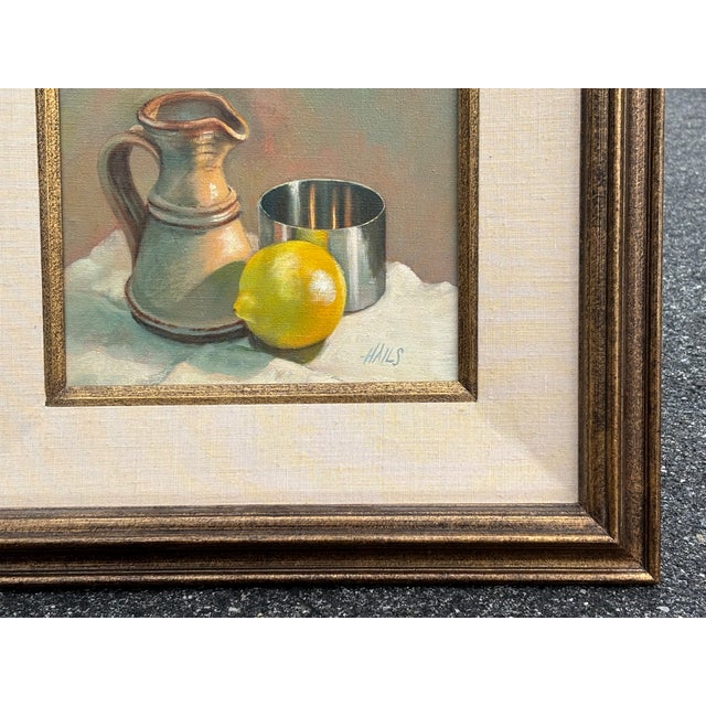 1980s Original Oil on Canvas - Barbara Gelderman Hails Still Life - Pitcher, Lemon, and Stainless Bowl For Sale - Image 4 of 6