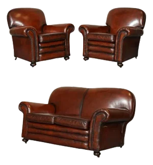 Victorian Maroon Dyed Leather Armchairs and Sofa, Set of 3