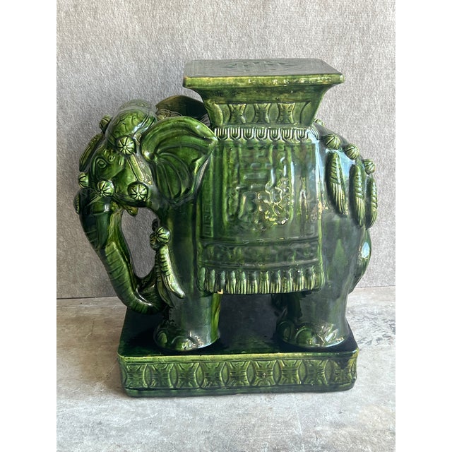 Late 20th Century Large Pair of Palm Beach Regency Style Green Glazed Ceramic Elephant Stands or Stools For Sale In Washington DC - Image 6 of 13