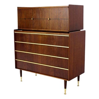 Edmond Spence Walnut Brass Two Part High Gentleman's Chest Dresser Cabinet MINT For Sale