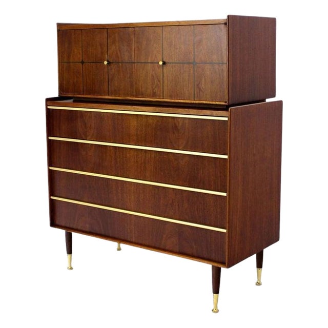 Edmond Spence Walnut Brass Two Part High Gentleman's Chest Dresser Cabinet MINT For Sale