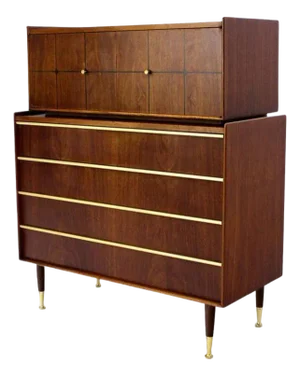 Edmond Spence Walnut Brass Two Part High Gentleman's Chest Dresser Cabinet MINT