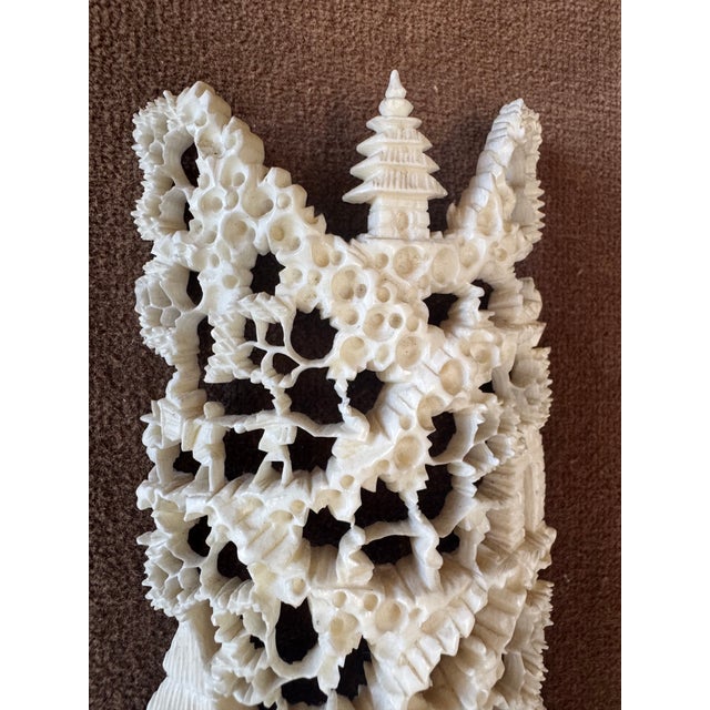 Mid 20th Century Framed Hand Carved Bone Wall Art Pair Pagoda & Flower For Sale - Image 4 of 11