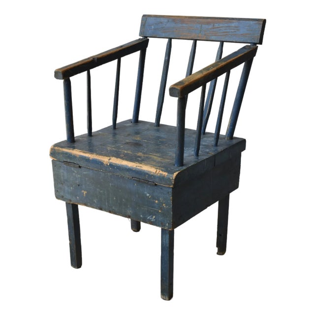 Antique Folk Art Cerulean Blue-Painted Chair With Built-in Storage Box, Circa Early 20th Century For Sale
