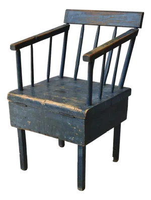 Antique Folk Art Cerulean Blue-Painted Chair With Built-in Storage Box, Circa Early 20th Century