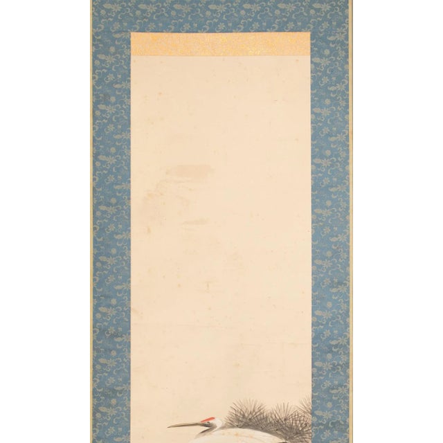 Japanese Late Meiji to Early Showa Era Japanese Watercolor Painting, "Red-Crowned Crane and the Pine Tree" For Sale - Image 3 of 12