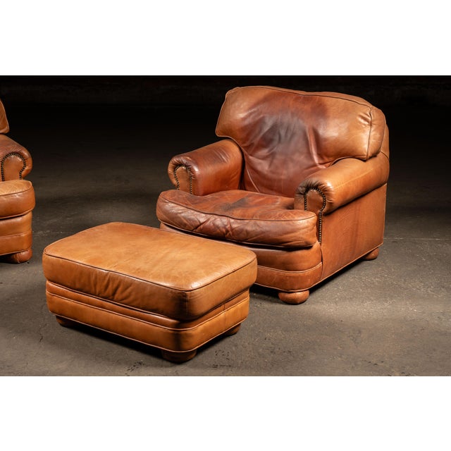 Pair of Vintage Leather Club Chairs With Matching Ottoman by Emerson For Sale - Image 9 of 14