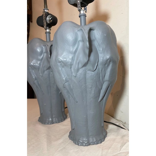 Metal Pair of Vintage Figural Elephant Heavy Gray Painted Metal Electric Table Lamps For Sale - Image 7 of 12