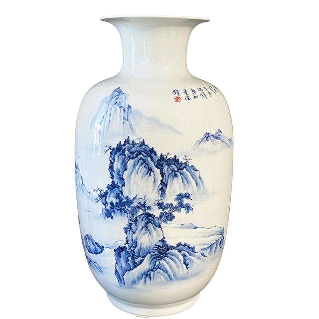 Chinoiserie Large Chinoiserie Blue and White Vase 24.75" H For Sale - Image 3 of 10