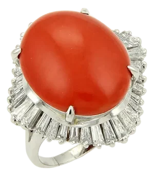 Platinum Baguette Diamonds & Coral Cocktail Ring - Size 7.75