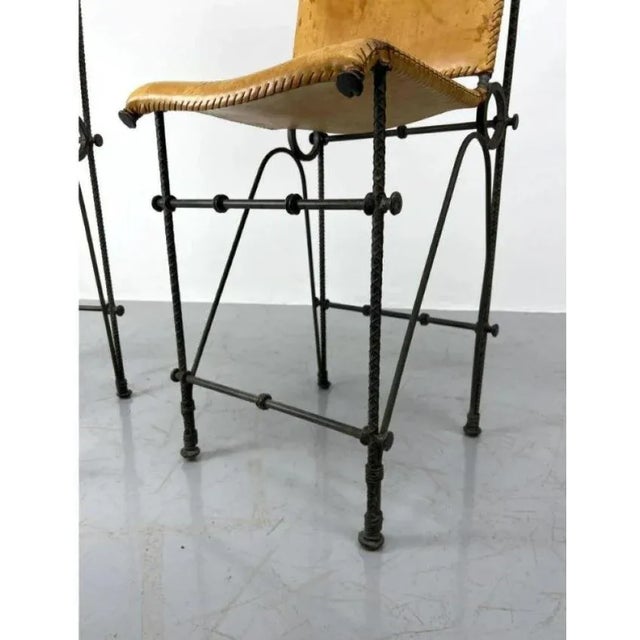 Pair of European Modernist Iron & Rebar Frame Stools in Distressed Leather For Sale - Image 4 of 11