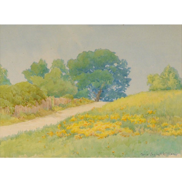 Golden Flowers and Blue Oaks - California Rural Landscape in Watercolor on Paper Vibrant landscape by listed California...