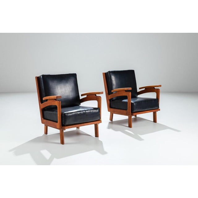 1960s Belgian Lounge Chairs in Oak with Leather Cushions, 1960s, Set of 2 For Sale - Image 5 of 17