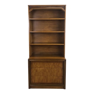 Mid Century Modern Burlwood Shelving Unit With Three Drawers For Sale