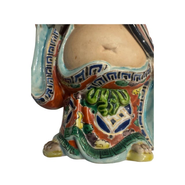Japanese Vintage Japanese Kutani Ware Pottery Statue Hotei-Sama Seven Lucky Gods H8in For Sale - Image 3 of 13