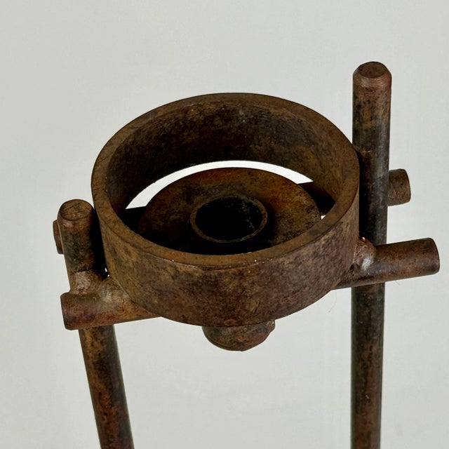 Metal Large Antique Pair of Hand Forged Iron Designer Candlesticks in a Rust Finish For Sale - Image 7 of 12