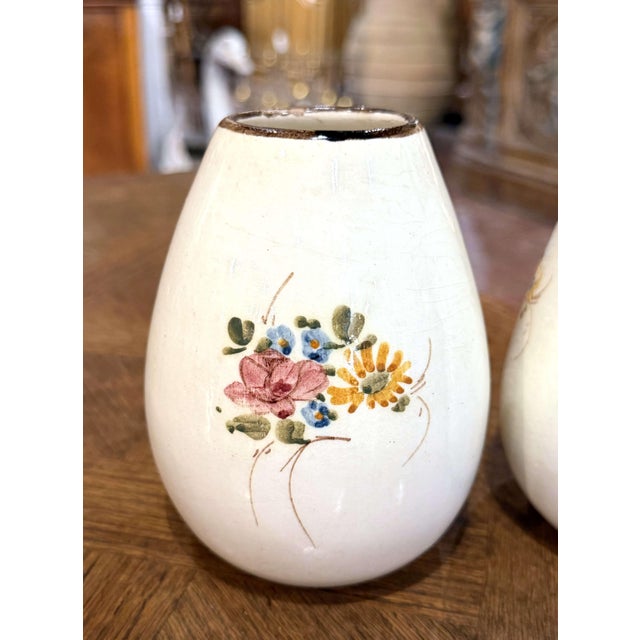 French Pair of Mid-Century French Hand-Painted Ceramic Floral Vases For Sale - Image 3 of 9