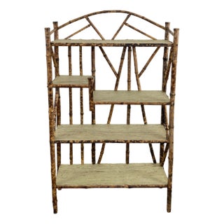 Vintage Scorched Bamboo Tiered Bookshelf With Grasscloth Shelf Liner For Sale