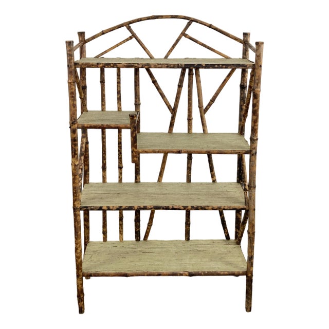 Vintage Scorched Bamboo Tiered Shelf With Grasscloth Liner For Sale
