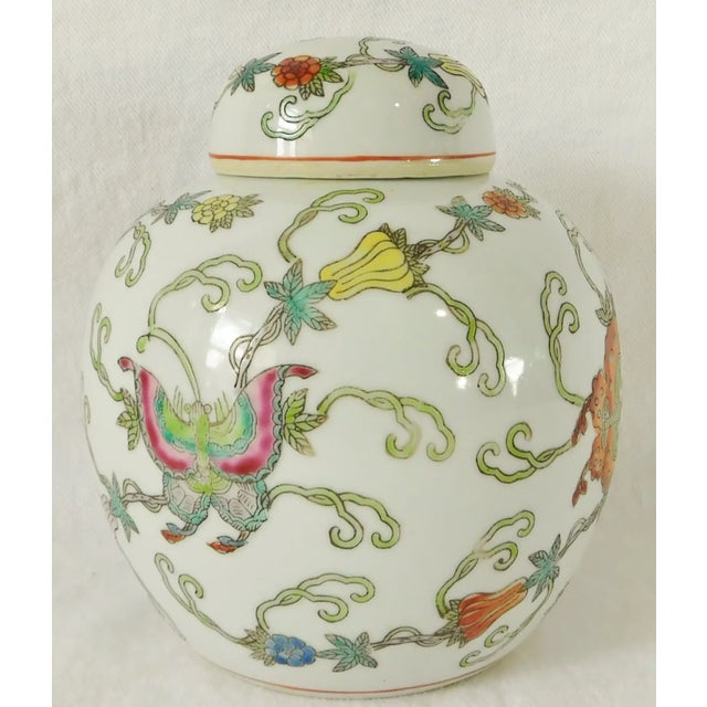 Beautiful vintage mid century Chinese Export hand painted porcelain ginger jar with butterflies and flowers. Very pretty!...