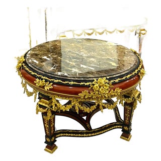 French Empire Style Round Center Table – Marble & Glass Top With Gold Leaf and Bronze Floral Details For Sale