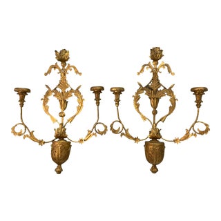 Vintage Chelsea House “Mortimer” Ornate Gold Double Pilar Candle Wall Sconces, a Pair For Sale