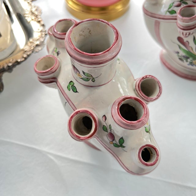 Ceramic Pair of Faience tulipiere vases // traditional decor // tulip vase // floral design // specimen vase // multi spout vase // French Antique For Sale - Image 7 of 10