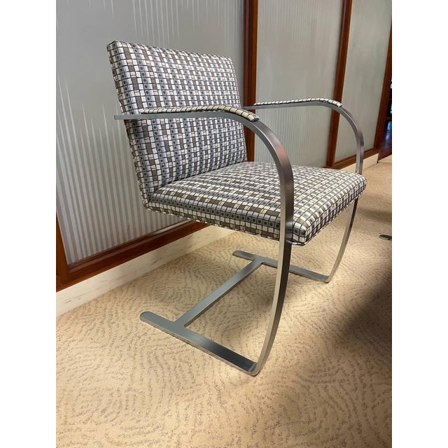 2003 Set of 4 Mies Van Der Rohe for Knoll Flat Bar Brno Arm Chairs Grid Fabric Pattern For Sale - Image 13 of 15