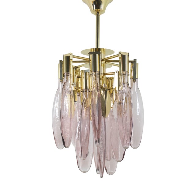 Italian Chandelier in Brass with Tear-Shaped Murano Glass, 1970s For Sale