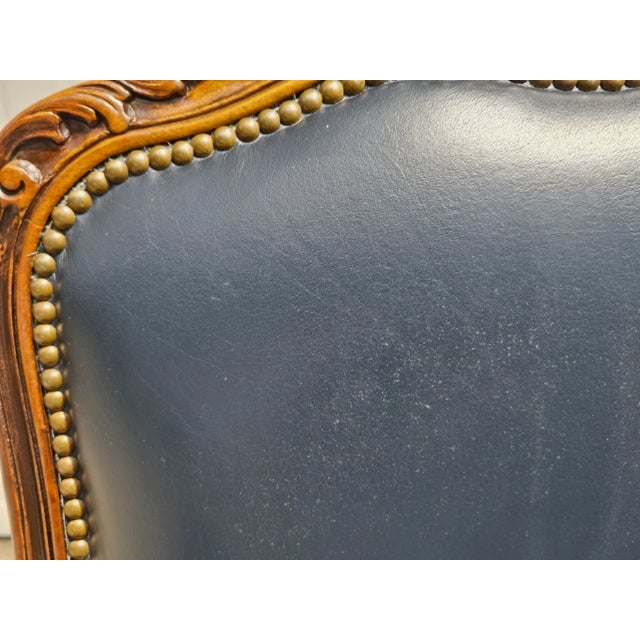 Wood Chateau d'Ax French Bergere Fauteuil Blue Leather Arm Chair For Sale - Image 7 of 18