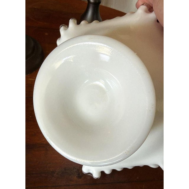 Glass Vintage Milk Glass With Clear Ruffle Edges Fruit Bowl Candy Dish Cottage MCM For Sale - Image 7 of 7