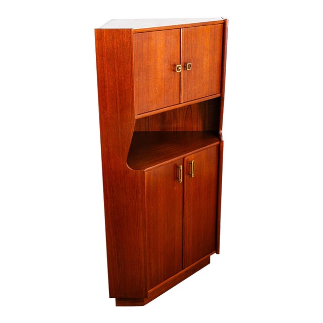 1960s Mid Century Danish Modern Corner Cabinet Unit Teak Denmark Hutch Brass For Sale