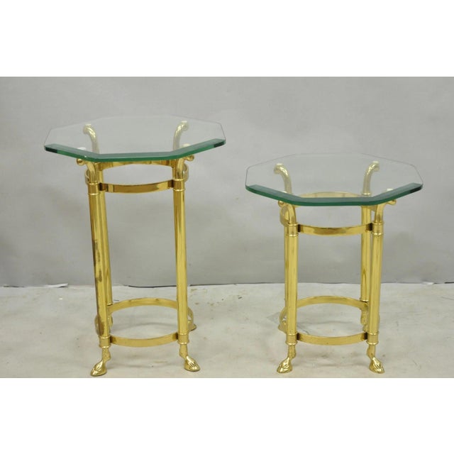 Hollywood Regency Vintage Hollywood Regency Brass Hoof Foot Glass Top Graduating Side Table - Pair For Sale - Image 3 of 15