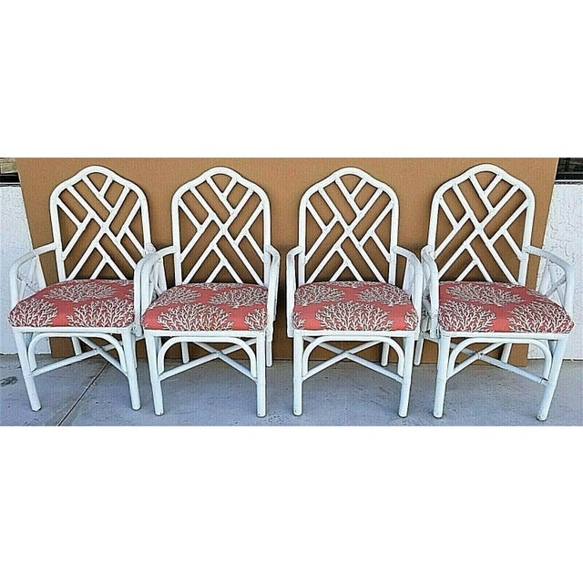 McGuire Chippendale Style Coastal Mid-Century Modern Bamboo Rattan White Dining Armchairs - Set of 4 For Sale - Image 11 of 11
