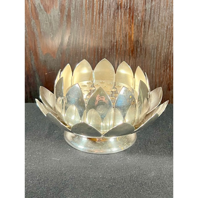 Contemporary Vintage Silverplate Three Piece Lotus Flower Arrangement Bowl Vintage Reed and Barton For Sale - Image 3 of 9