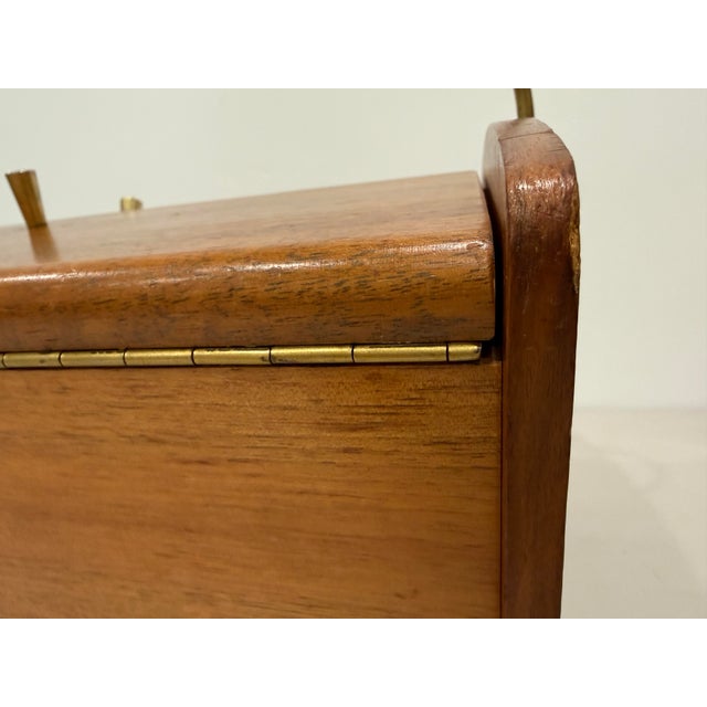 Mid-Century Teak Wood Sewing Tool Storage Box W/ Metal Handle Hinged 1950s MCM For Sale - Image 9 of 10