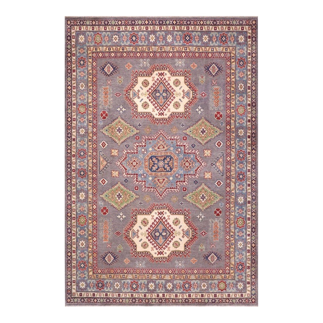 Tribal Kazak Gray/Light Blue Wool Rug - 8'4''x9'8'' For Sale