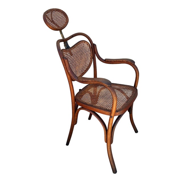 Rare Late Victorian Bent Oak and Brass Barbers Chair With Cane Seat, Austria For Sale