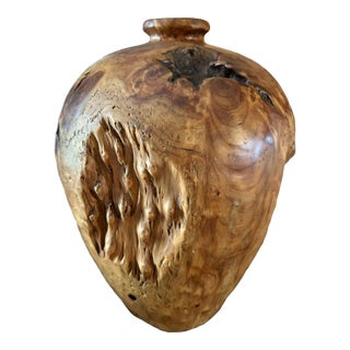 13" Large Brutalist Bulbous Hand Carved Maple Burl Vase For Sale